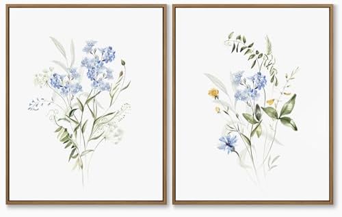 Watercolor Floral Wall Art Blue Yellow Flower Canvas Prints by JOWOROLO