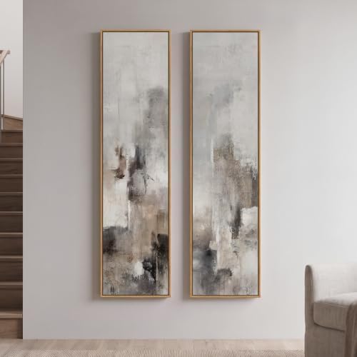 Framed Neutral Gray Beige Abstract Vertical Narrow Wall Art Decor, 2 Piece by Cuspin