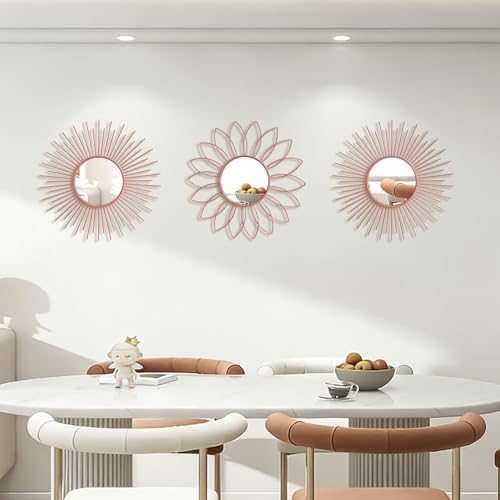 3 Pack Metal Mirrors for Wall Pink Sunburst Wall Mirror Home Decor Wall Art - Image 7