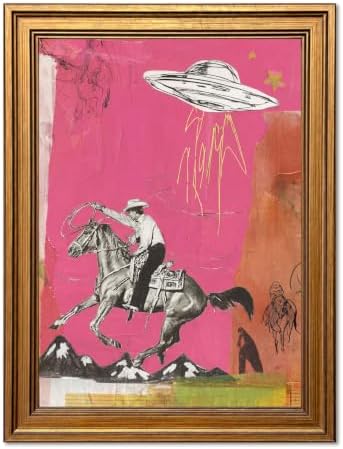 Vintage Gold Framed Western Wall Art, Retro Cowboy UFO Abduction Pictures Wall by Unknown