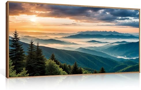 LHIUEM Large Nature Mountain Sunrise Framed Canvas Wall Art, Modern Misty Tree by LHIUEM