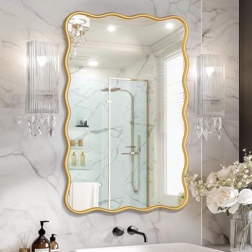 PROHOMEWARE 24x36 Gold Wavy Irregular Bathroom Mirror, Wall-Mounted by PROHOMEWARE