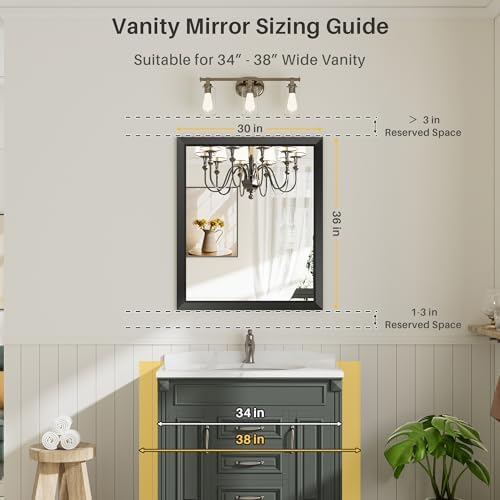 Briivue Black Metal Framed Bathroom Wall Mirror, 36x30 Inch - Image 2
