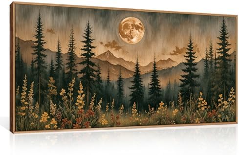 Vintage Moonlight Forest Mountain Framed Canvas Wall Art Set- 20"x40"x1 by HOURIA