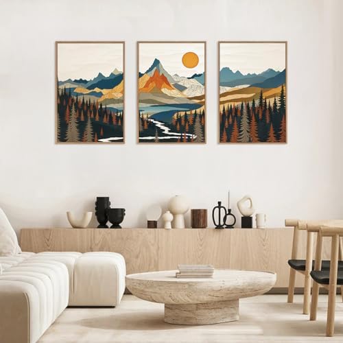 HLNIUC Large Sunset Mountain Framed Wall Art, Boho Forest Pine Tree Canvas Wall - Image 3
