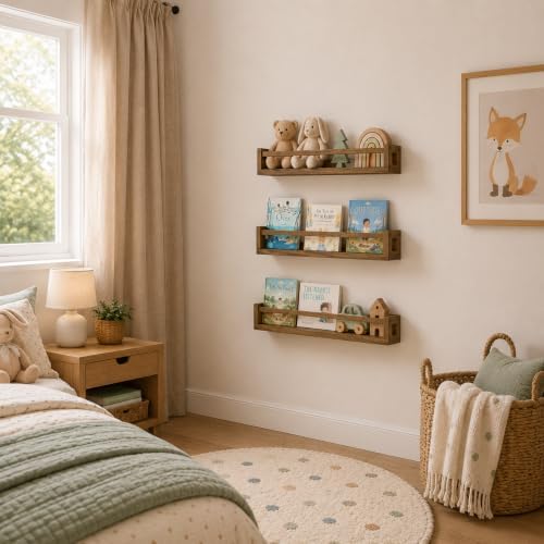 3 Pack 24 Inch Nursery Book Shelves, Solid Wood Floatingshelf, Walnut Brown - Image 4