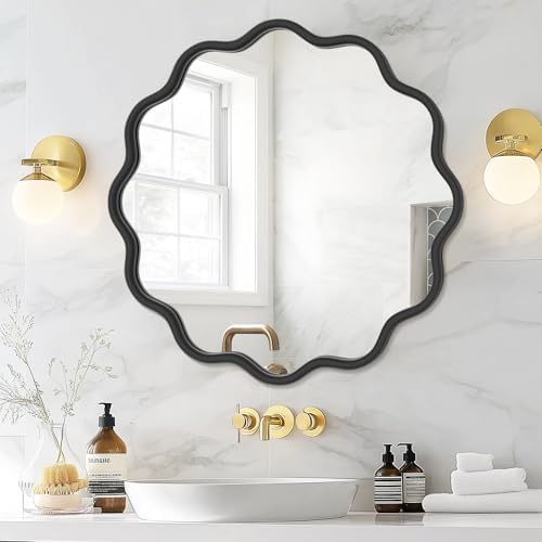 PROHOMEWARE Black Round Mirror 24 Inch Wavy Bathroom Vanity Mirror Black Frame by PROHOMEWARE