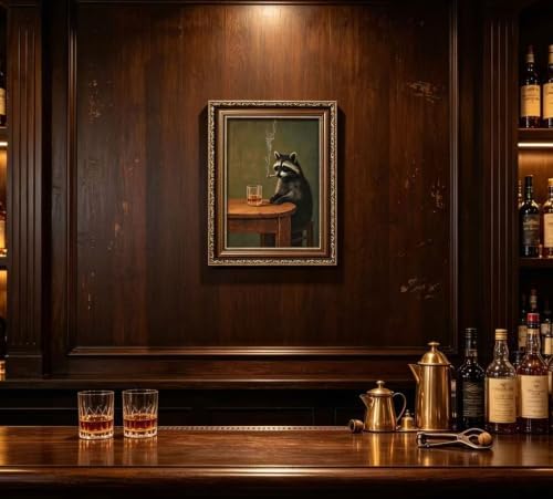Vintage Gold Framed Smoking Raccoon Wall Art, Moody Dark Funny Animal Whiskey - Image 6