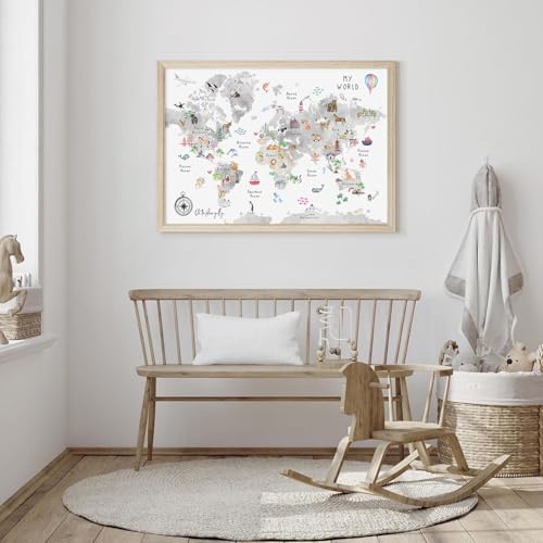 Joocrise Grey Kids World Map Wall Art Animal Map Canvas Wall Art Nursery Wall - Image 7