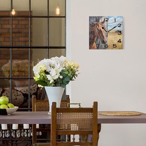 Moderate 8 Inch Square Wall Clock, Western Farm Horse Behind Door Non Ticking - Image 2