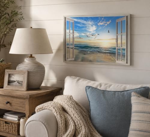 Birnsen Coastal Window Canvas Wall Art Ocean Beach Sunset Painting Picture Wall - Image 3