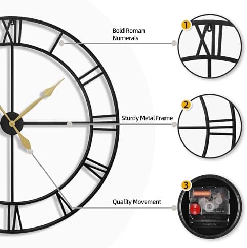 30" Extra Large Wall Clock, Silent Rustic Metal Wood Face Decorative Clock - Image 3