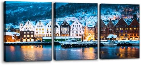 Pacimo 3 Piece Norway Cityscape Canvas Wall Art, Bruges Night View Print by Pacimo