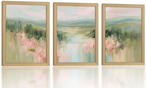 Green and Pink Landscape Canvas Wall Art 3Pcs Framed Home Decor 12X16 Inch by Unknown