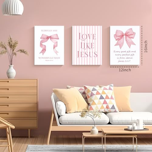 3 Piece Pink Bows Wall Art for Girls Room College Gifts for Girls 12x16 In - Image 6