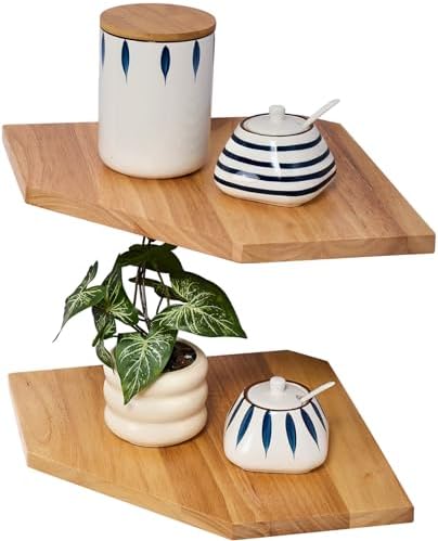 Corner Wall Shelves Set 2 Wire Hole Solid Oak Wood Display Shelf by Coamily