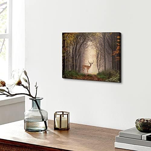 Wild Animal Landscape Canvas Wall Art Deer in Autumn Foggy Forest Picture Wall - Image 4