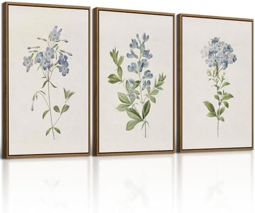 JOWOROLO Framed Floral Botanical Wall Art Blue Flowers Canvas Painting Prints by JOWOROLO