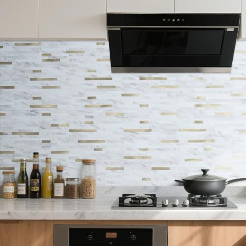 DICOFUN 20 Sheets White Marble Peel and Stick Backsplash, PVC Mixed Metal Gold - Image 2