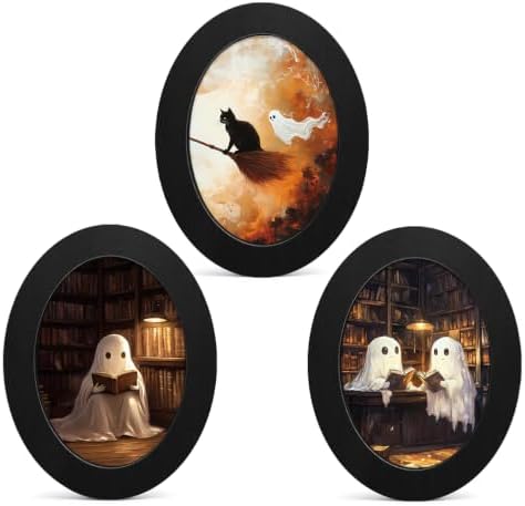 3Pcs Spooky Ghost Halloween Oval Wall Art Framed Black Cat Reading Decor by Unknown