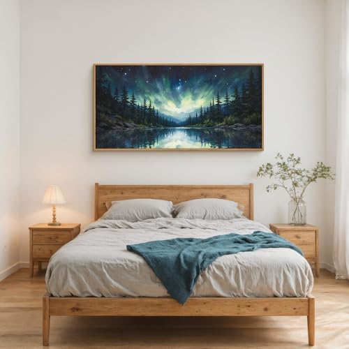 Luminous Northern Lights Forest Lake Framed Canvas Wall Art Set-40"x20"x1 - Image 5