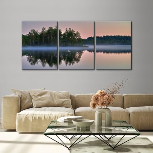 Pacimo 3 Pieces Canvas Wall Art Print Misty Lake Sunrise Wall Decor - Image 2