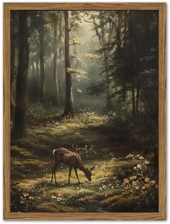 Framed Vintage Forest Deer Canvas Wall Art, Rustic Nature Landscape Paintings by Unknown