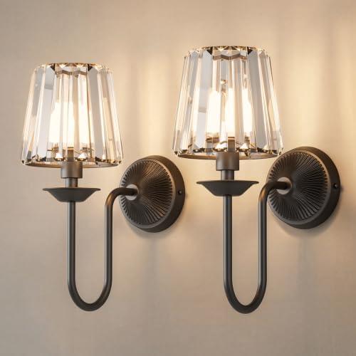 Black Battery Operated Wall Sconces Set of Two, Crystal Wireless Rechargeable by KernLite