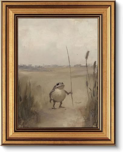Vintage Gold Framed-Funny Whimsical Frog Traveler Wall Art, Eclectic Frog by LYNARTFNWallArt
