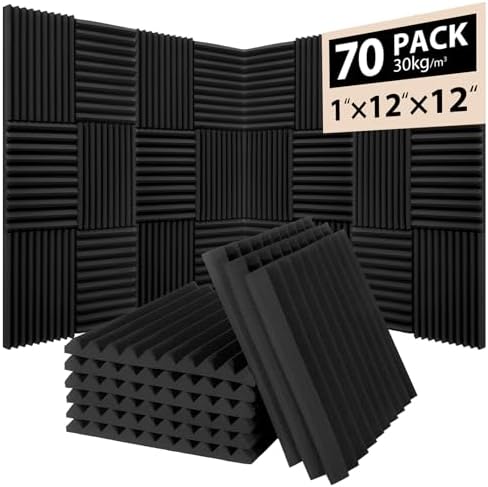 70 Pack Acoustic Foam Panels, Noise Cancelling Dampening Sound Absorbing Black by Saiqiang