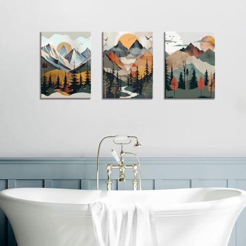 Mountain Canvas Wall Art Set of 3, Boho Sun Forest Abstract Nature Landscape - Image 5