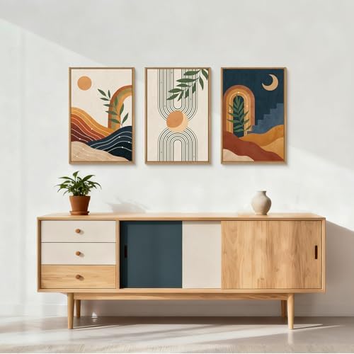 FWIEXA Mid Century Modern Wall Art Set of 3, Vintage Boho Framed Canvas Wall - Image 2