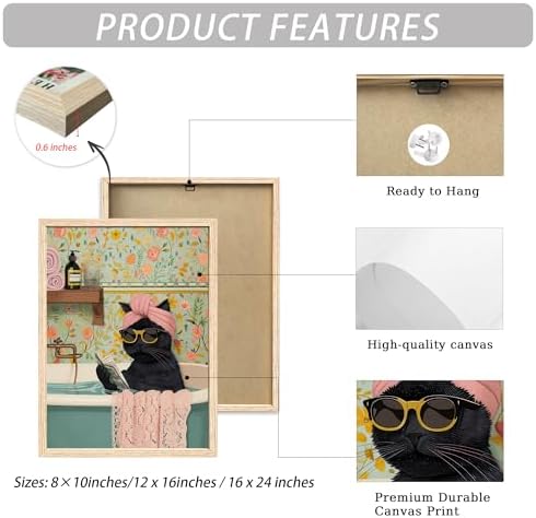 ICHZUMW Framed Funny Black Cat in Bathtub Canvas Bathroom Wall Art 16x24 In - Image 5