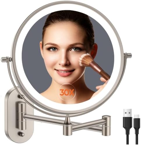 5000mAh Rechargeable Wall Mounted Lighted Makeup Vanity Mirror1X/30X Nickel by FUNTOUCH