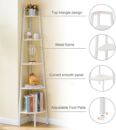 Hoctieon Corner Shelf, 5-Tier Corner Bookshelf, Rustic Ladder Shelf, Industrial - Image 3