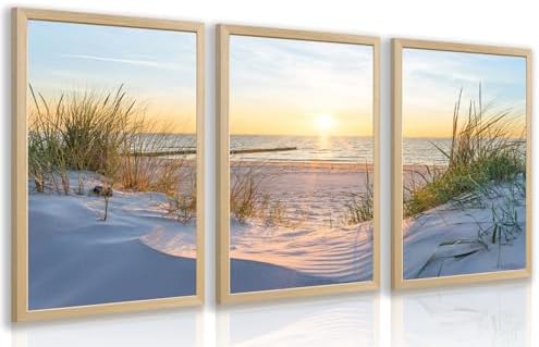 IAFWZX Wood Framed Coastal Sunset Scenery Wall Art Set of 3, 12x16 in by Unknown