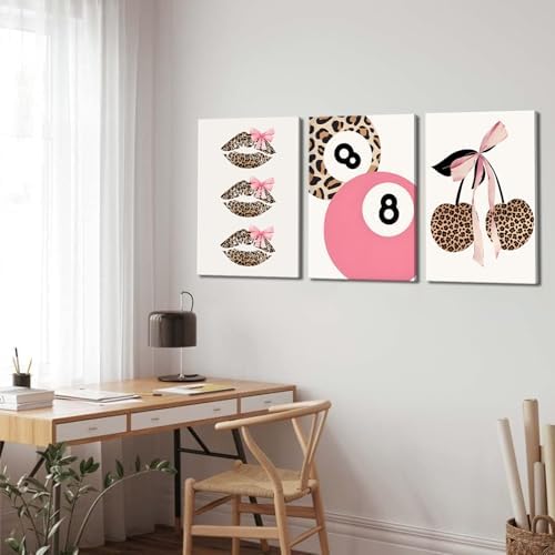 Trendy Pink Leopard Bow Canvas Wall Art Set of 3 Funky Cherry Lucky 8 Ball - Image 2