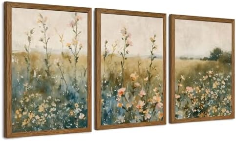 AVECCO 3 Pieces Vintage Wildflower Field Wall Art Framed Canvas 16x24 inch by Unknown