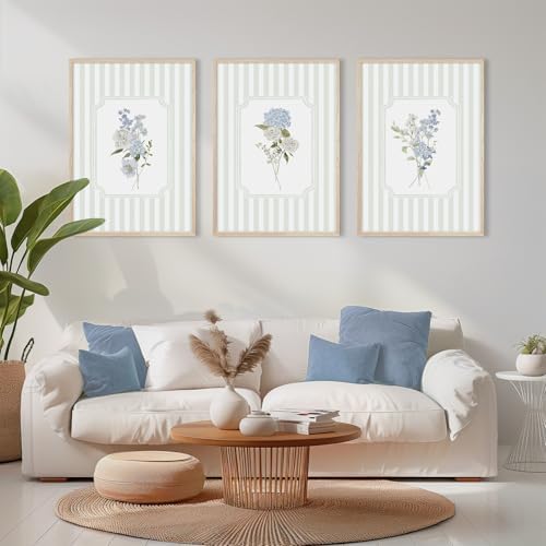 Blue Hydrangea Wall Art Floral Canvas Prints Sage Green Striped Wall Decor - Image 3