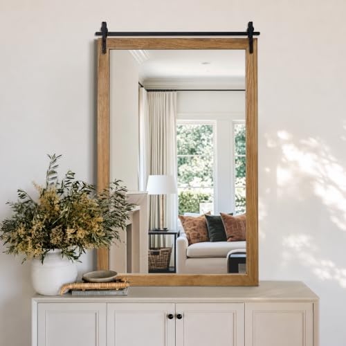 Farmhouse Bathroom Vanity Mirror, 48”x 30” Wood Barn Door Mirror, Light Brown - Image 4