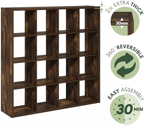 Furinno Cubicle 16-Cube Book Shelf, Extra Thick Frame Bookshelf, Amber Pine - Image 7