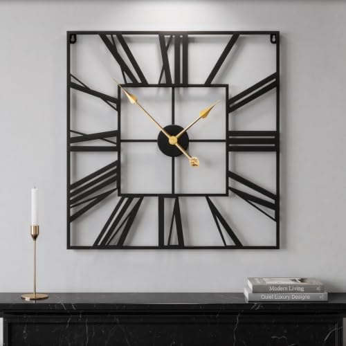 Cuspin 24 Inch Square Wall Clock, Large Black Metal Roman Numeral Clock - Image 7