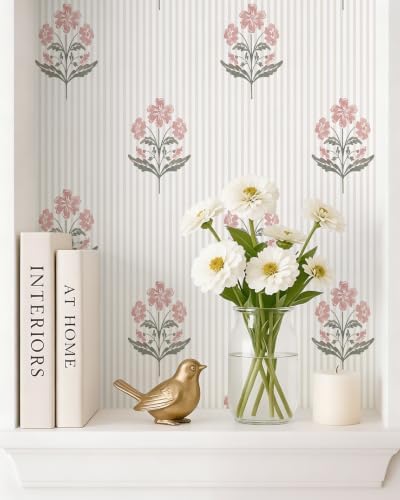 Safiyya Pink Floral Peel and Stick Wallpaper Striped Contact Paper Modern - Image 3