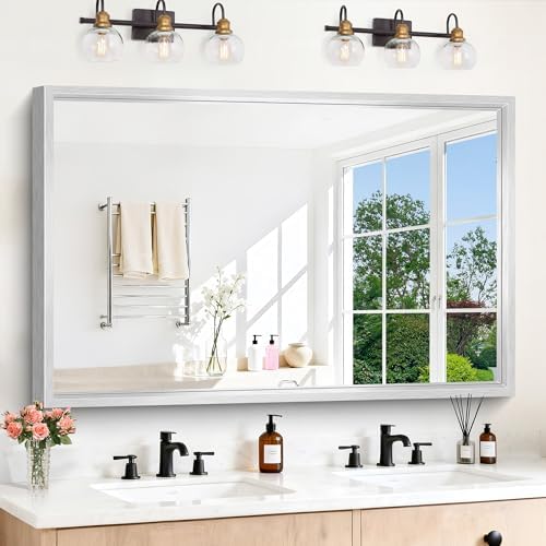 60 x 40 inch Brushed Silver Bathroom Mirror, Large Metal Framed Rectangle Mirror by WelcometoCIVENO