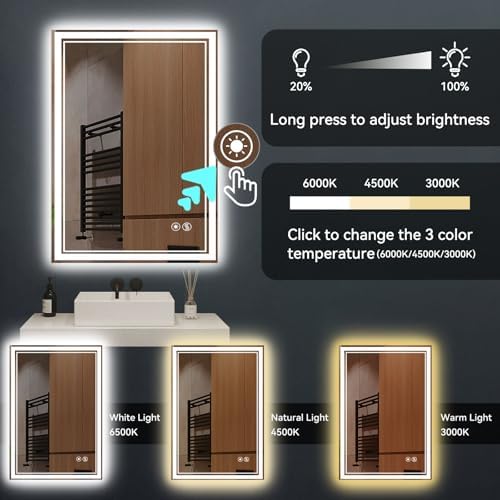 24" x 36" Bathroom Mirror with LED Lights, Dimmable 3 Colors - Image 5