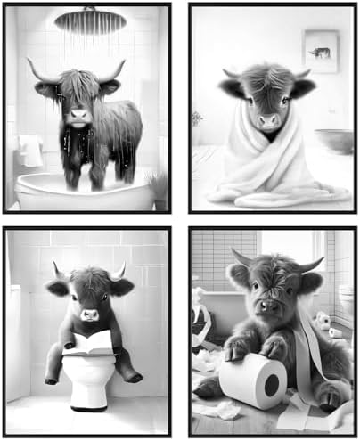 Western Cow Bathroom Decor Wall Art, Funny Highland Cow Wall Art in Restroom by TWNSWALLART