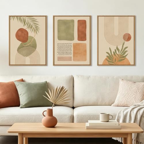 Boho Sage Green Framed Canvas Wall Art, Abstract Geometric Beige Wall Decor by Unknown