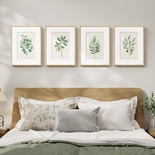 Framed Minimalist Sage Green Botanical Bedroom Wall art, 4 Piece 12x16 In by Cuspin