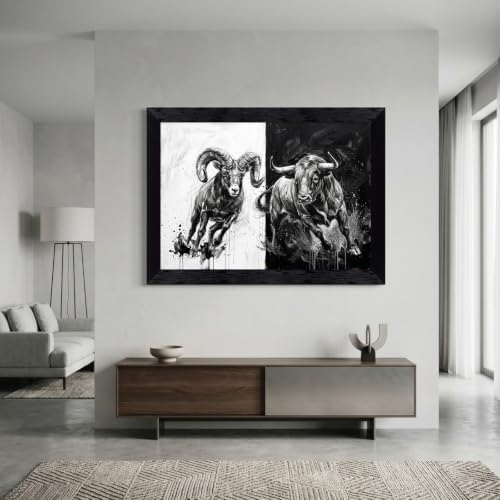 Framed Canvas Wall Art Mixed Media Charging Bull and Mountain Ram Monochrome - Image 7