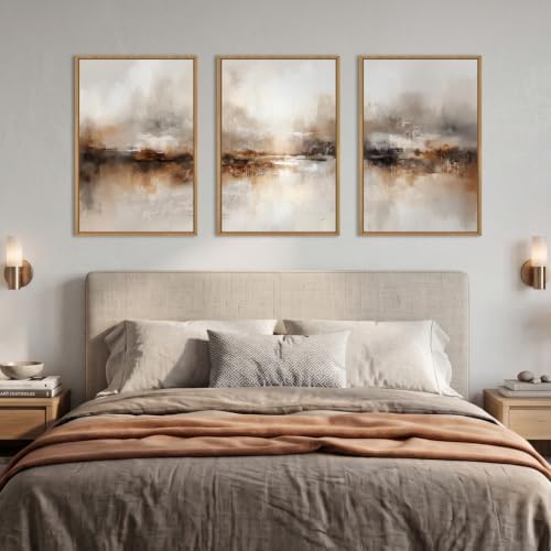 Large Abstract Brown Pastel Framed Canvas Wall Art, Neutral Black Gray Wall - Image 4